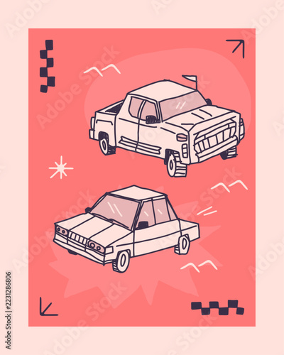 Illustration of Vintage Cars in a Playful Design with Colorful Background and Urban Elements
