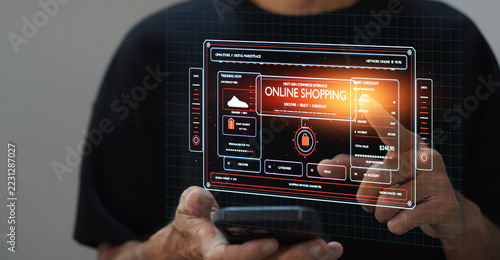 Close up of person hand touching screen on smartphone for online shopping.