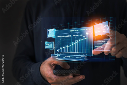 • Investor analyzing business financial growth with rising bar chart, percentage indicators, and upward trend line for digital investment strategy and profit success.