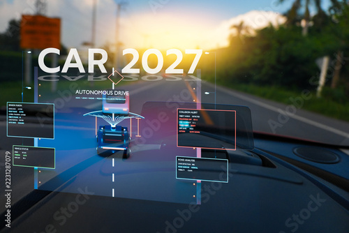 Advanced 2027 autonomous car driving safely on city street with artificial intelligence navigation system