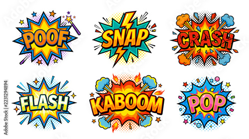 POOF SNAP CRASH FLASH KABOOM POP colorful onomatopoeia sticker set