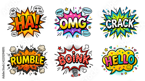 Playful comic book speech bubbles with ha and crack.