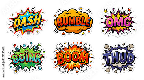 Pop art action stickers featuring rumble and boom sounds.