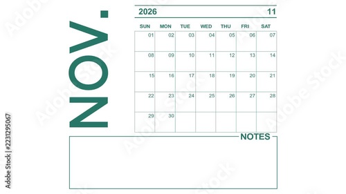 Calendar video for November 26, 2026, with green color on a white background