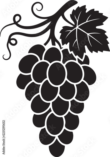 Black and white grape cluster vector illustration with vine leaves and tendrils isolated on white background