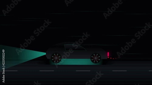 A sleek dark sports car drives quickly down a highway at night while illuminating the road ahead with bright teal headlights during a journey through the pitch black landscape in total silence