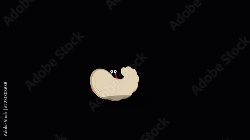 A small fictional creature with round eyes and a muscular arm poses playfully while floating through the darkness as if performing a funny performance to amuse spectators during a live theater