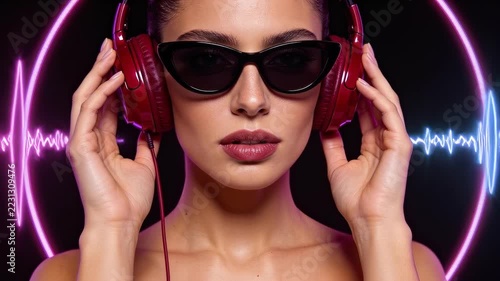 Woman wearing sunglasses and red headphones while listening to music in a studio