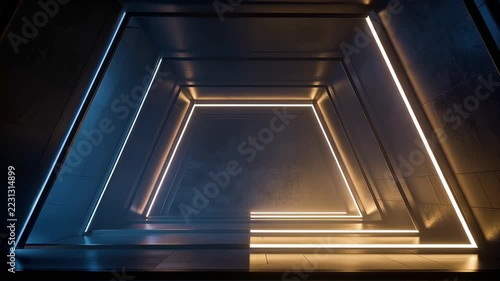 Geometric light panels frame a glowing triangular passage in a dark indoor space