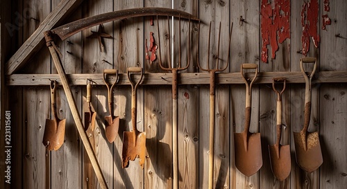 Vintage Farm Tools Hanging on Wooden Shed Wall.