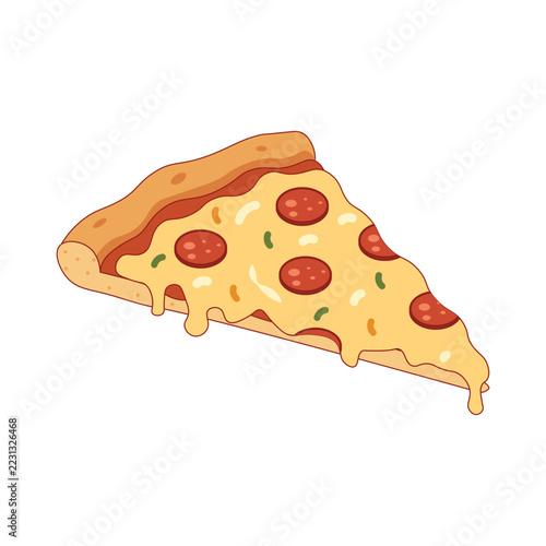 Delicious slice of pepperoni pizza vector illustration isolated on white background. Cheesy Italian fast food clipart