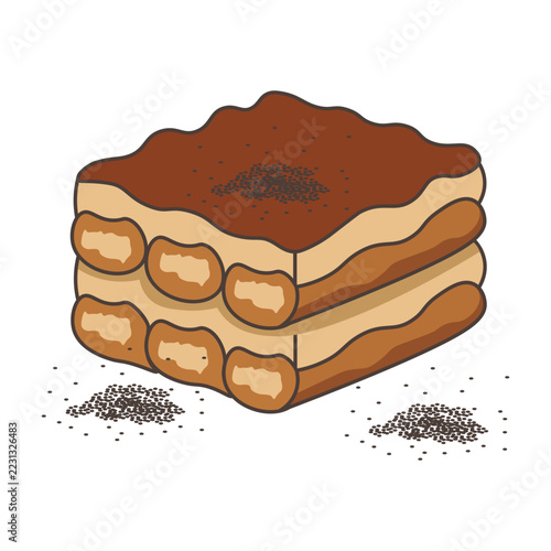 Delicious Italian tiramisu cake vector illustration isolated on white background. Sweet coffee dessert clipart