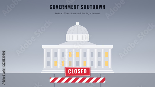 Obraz na plátně Domed federal building closed behind a striped barrier and red CLOSED sign, shut
