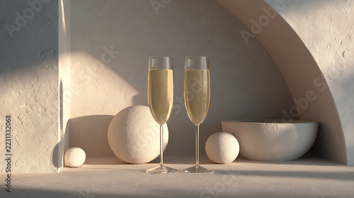 Champagne glasses gently clinking as the main subject, integrated into a minimal sculptural setting with abstract forms enhancing composition, focused spotlight lighting defining contours and subtle d