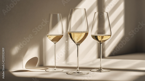 Champagne glasses gently clinking as the main subject, positioned against a minimalist backdrop with linear shadow patterns adding subtle structure, directional lighting casting controlled shadows and
