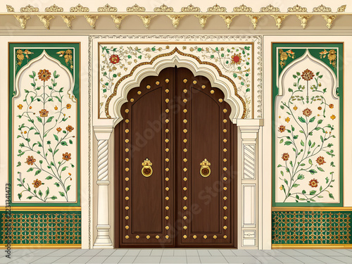 Indian Mughal palace entrance with dark brown double wooden doors decorated with golden circular studs and symmetrical floral brass ornaments, grand scalloped arch in ivory and antique gold