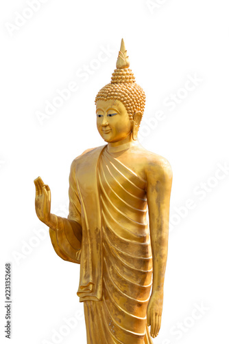 Fotografie Standing golden Buddha statue raising right hand in blessing posture