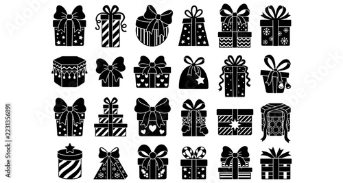 Set of black and white gift box icons with various patterns bows and ribbons for holiday and celebration design