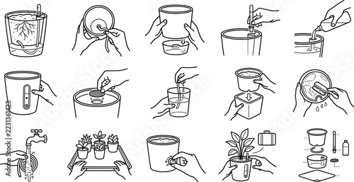 Self watering planter pot assembly and care instructions line art icons