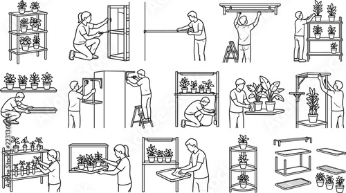 Indoor plant shelf assembly and gardening steps coloring set