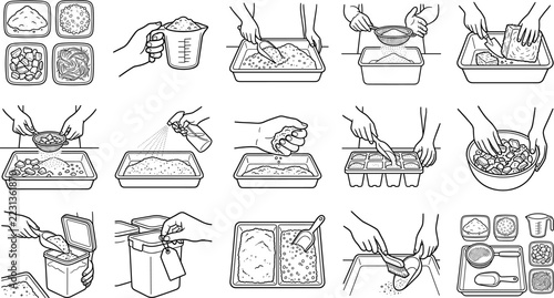 Step by step instructions for mixing potting soil and preparing seed substrate line art vector illustration