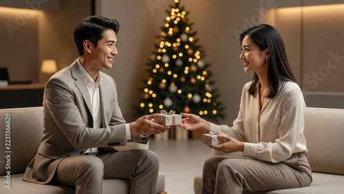 Couple exchanging wrapped gifts beside a decorated Christmas tree at home. Holiday gift giving and seasonal celebration. Christmas tradition, generosity and appreciation. Festive couple
