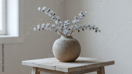 Frosted branches arranged in a ceramic vase on a wooden table. Minimalist botanical home decor. Winter nature still life. Neutral Scandinavian interior styling. Copy space for design