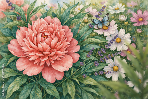 A vibrant pink peony flower blooming in a lush garden with a blue butterfly resting on a white cosmos flower surrounded by lavender sprigs isolated on a transparent background