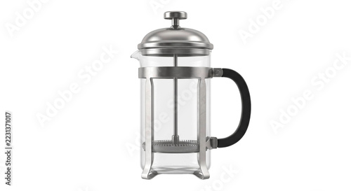 Fotografie Empty glass French press coffee maker with a stainless steel frame and black pla