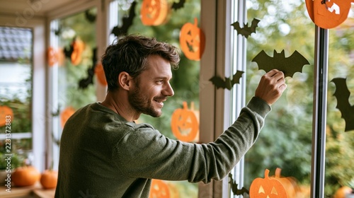 a green sweater stands by a window, gazing out at Halloween decorations. The decorations include paper cutouts of pumpkins, bats, and a jackolantern face.