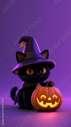 Halloween Holiday Theme. a black cat wearing a witchs hat with a golden star. The cat sits beside a carved pumpkin with glowing orange eyes and a jovial expression.