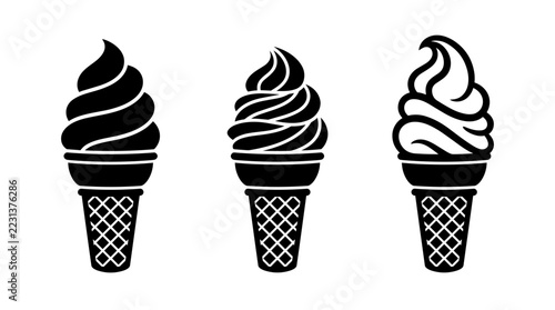 Trio of stylized soft serve ice cream cones with waffle textures, black and white minimalist dessert illustration for food branding and restaurant menu design icons.