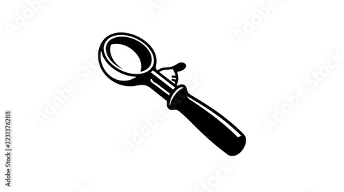 Black and white vector illustration of a classic ice cream scoop with a mechanical trigger release lever and handle, isolated on white for kitchen and food related design projects.