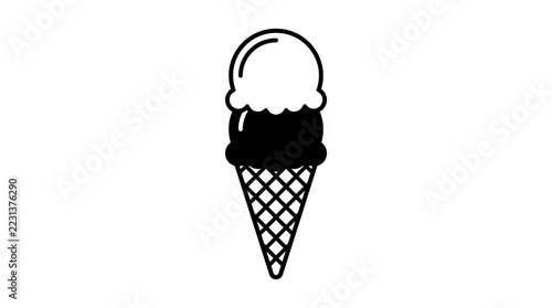 Minimalist black and white vector illustration of a double scoop ice cream cone with a waffle pattern, featuring a solid black scoop and an outlined white scoop for contrast.
