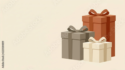 Three elegant square gift boxes with decorative ribbons in warm autumn colors against a light beige background, flat vector illustration