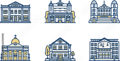Flat Design Building Icons Set with Blue and Gold Colors