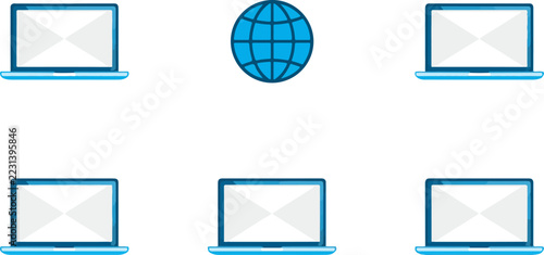 Blue Laptops and Globe Icon in a Flat Network Design Layout
