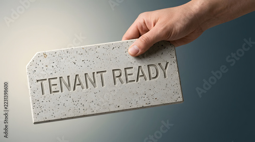 Real estate rental, hand holding stone sign and tenant ready text for property management, house leasing and investment. Landlord, apartment and home moving with rental agreement, occupancy market