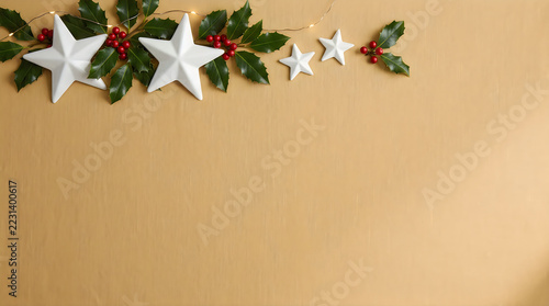 White paper stars holly berries garland decoration christmas wall background