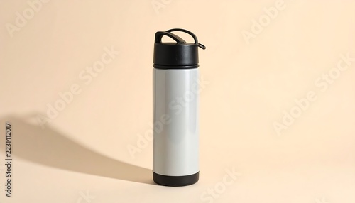 Reusable Sports Water Bottle with a Sleek Black Lid and Minimalist Design on a Light Cream Background