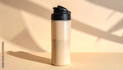 Reusable Sports Water Bottle with a Sleek Black Lid and Minimalist Design on a Light Cream Background