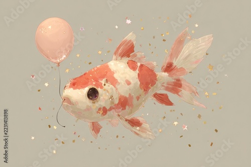 A minimalist scene with a cute 3D kawaii goldfish holding a single balloon, surrounded by tiny stars and bokeh lights in a soft, muted palette
