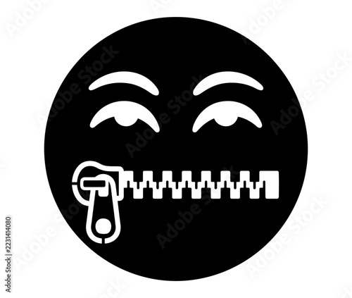 Black Round Face Icon with Closed Eyes and Zipper Mouth, Funny Expression