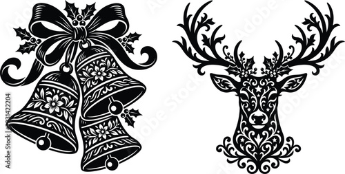 Christmas Bells and Reindeer Floral Ornament Vector Set in Black and White