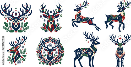Scandinavian Christmas Reindeer and Deer Folk Art Vector Set