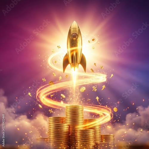 Golden Coin Rocket Launch – Rapid Investment Growth Concept.