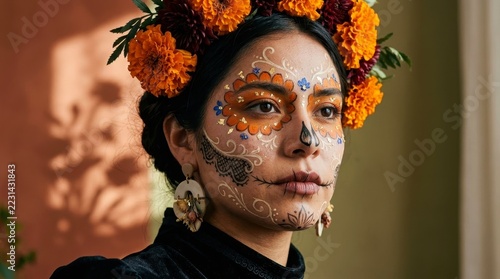 Portrait of a woman with traditional sugar skull makeup and a marigold flower crown, representing the cultural heritage and spirit of the Mexican Day of the Dead holiday