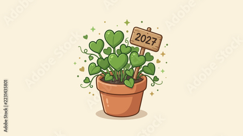 Potted plant sprouting heart leaves concept illustration with colorful elements for creative decoration and seasonal celebration isolated background