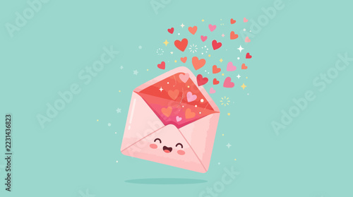 Envelope opening with hearts concept illustration with colorful elements for creative decoration and seasonal celebration isolated background