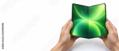 Hands holding foldable smartphone with glowing green abstract screen on white background with copy space